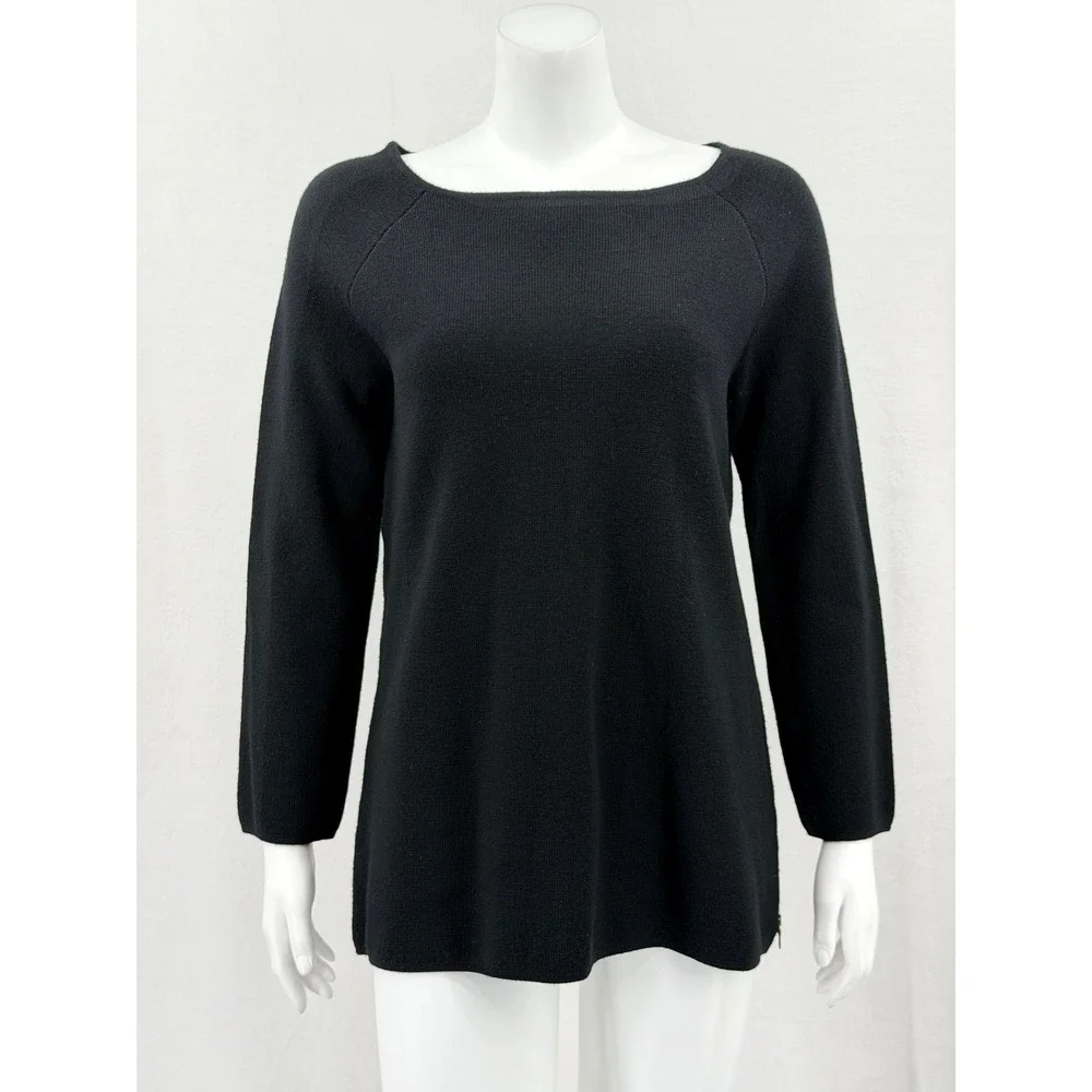 Tory Burch Sweater Women Medium Black Merino Wool Boat Neck Knit Staple Designer